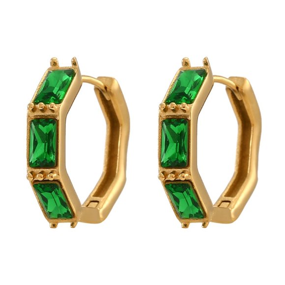 Boutique Jewelry - Green Zircon Small Hoop Earrings Bamboo Shape 18K Gold Plated Stainless Steel